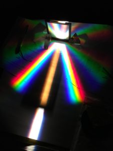 Light is diffracted through a prism, showing all the colours of the rainbow